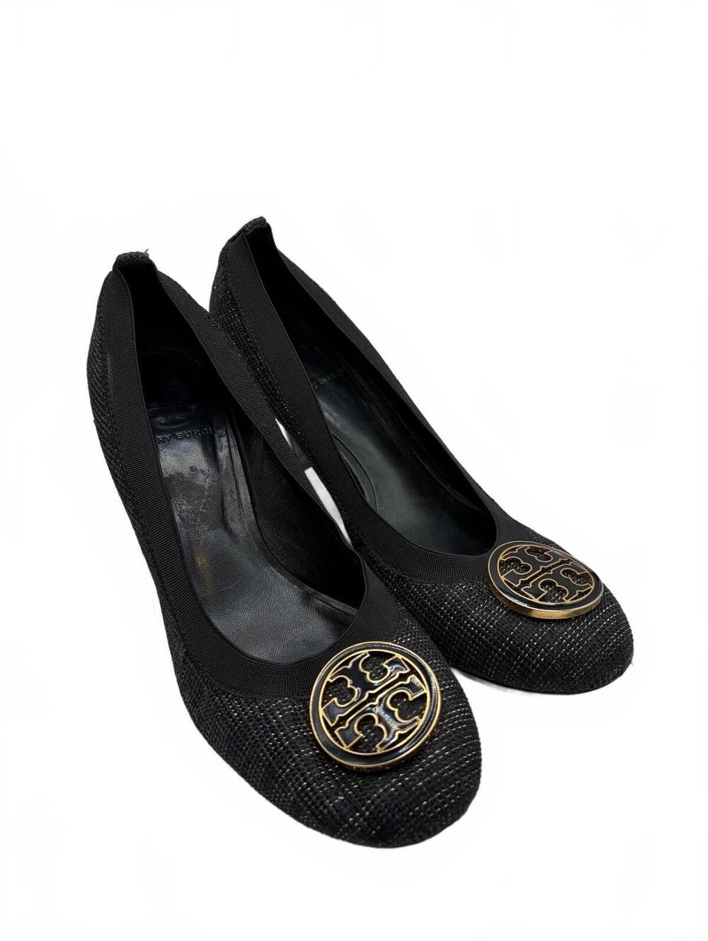Tory Burch Caroline Black Gold Tweed Elastic Trim Pumps Size 9.5 3" Heel Office